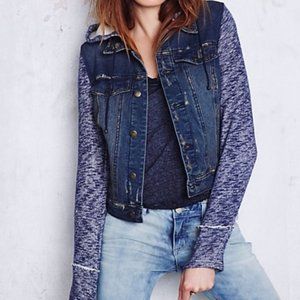 Free People Blue Distressed Hooded Denim Jacket XS